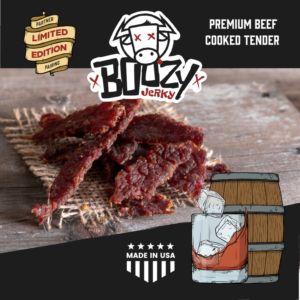 Tender Breckenridge Bourbon Boozy Jerky, infused with smooth, award-winning bourbon and bold, savory seasoning, creating a rich, flavorful bite.