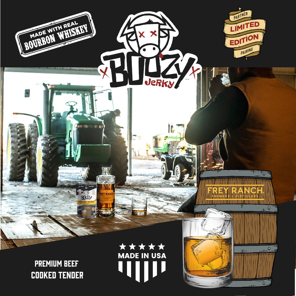 Bold and Spicy Bourbon Brisket Jerky – Tender brisket jerky infused with Frey Ranch Bourbon, offering a perfect blend of bold bourbon flavor and spicy heat. A high-protein snack ideal for pairing with your favorite whiskey."