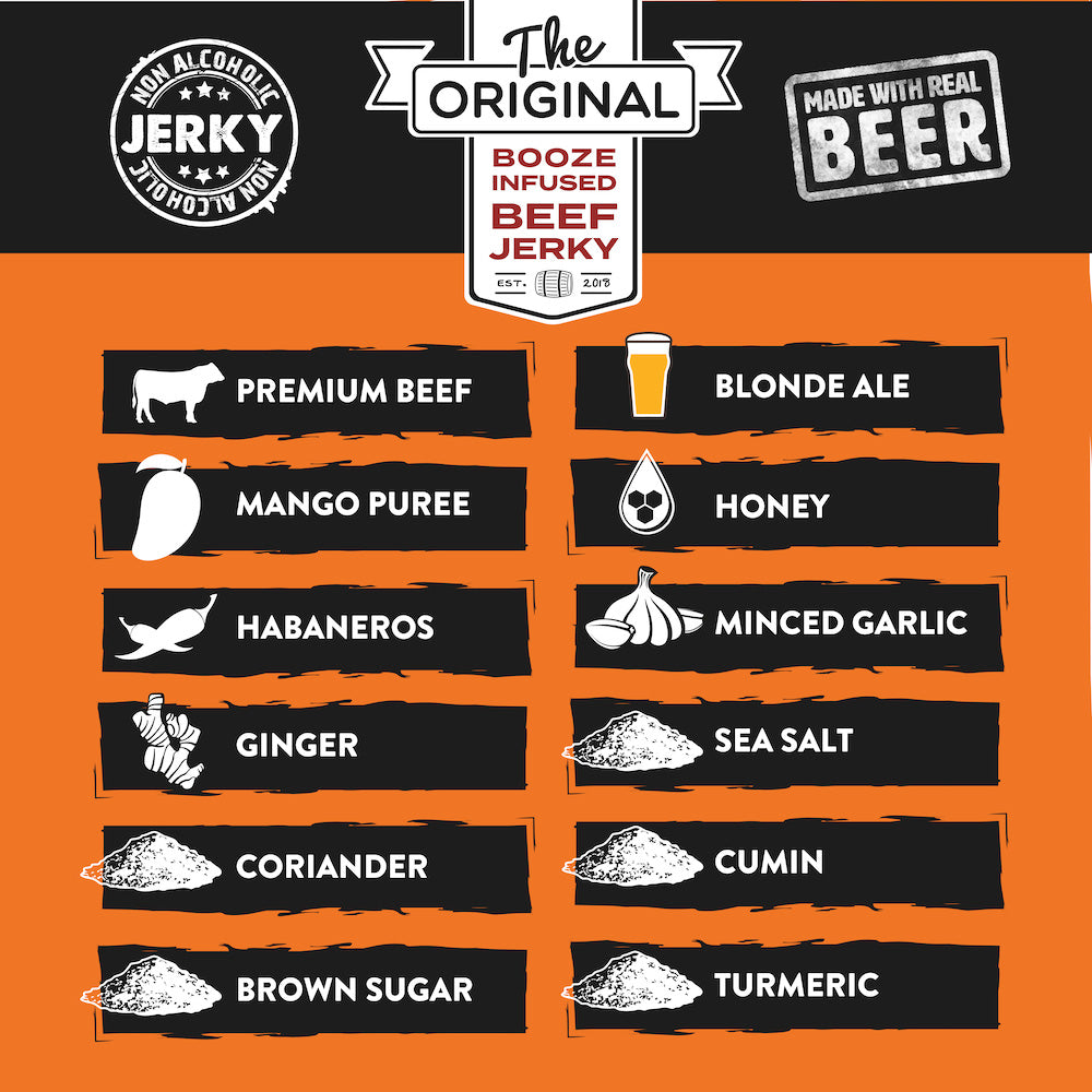 "Mango Habanero Ale Brisket Jerky – Tender, beer-infused jerky with sweet mango, fiery habanero, and a light-bodied ale. A bold, high-protein snack perfect for pairing with Blonde Ales, Brown Ales, and Shandies."