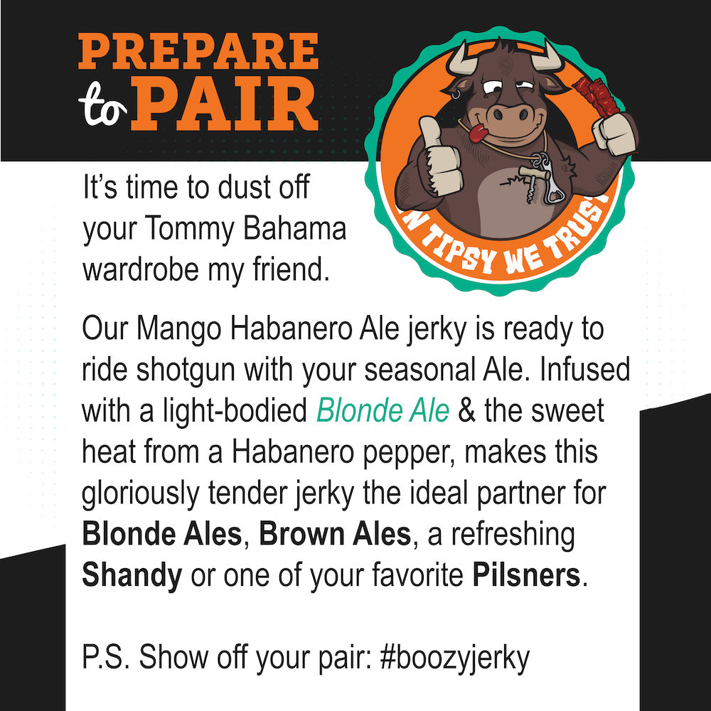 "Mango Habanero Ale Brisket Jerky – Tender, beer-infused jerky with sweet mango, fiery habanero, and a light-bodied ale. A bold, high-protein snack perfect for pairing with Blonde Ales, Brown Ales, and Shandies."