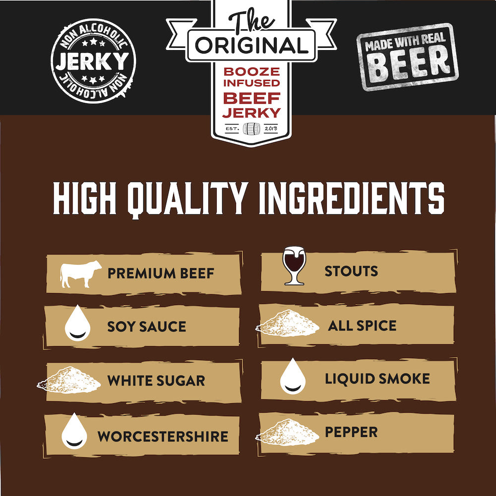 "Peppered Stout Brisket Jerky – Rich, tender brisket jerky infused with bold stout beer and cracked black pepper. A hearty, high-protein snack that pairs perfectly with Stouts, Porters, and Red Ales."