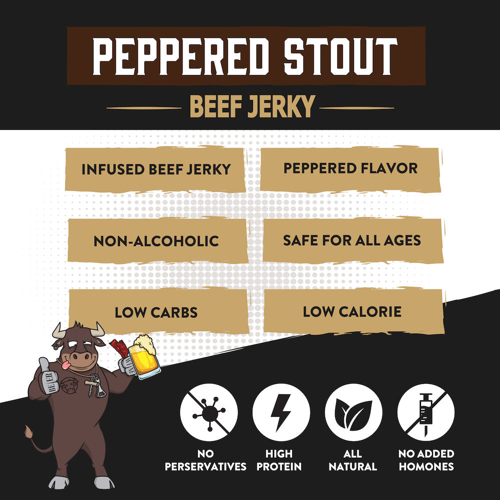 "Peppered Stout Brisket Jerky – Rich, tender brisket jerky infused with bold stout beer and cracked black pepper. A hearty, high-protein snack that pairs perfectly with Stouts, Porters, and Red Ales."
