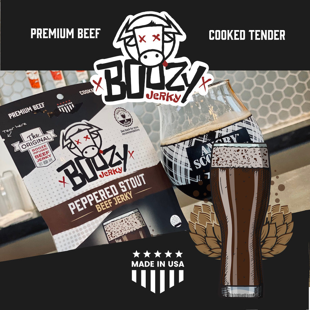 "Peppered Stout Brisket Jerky – Rich, tender brisket jerky infused with bold stout beer and cracked black pepper. A hearty, high-protein snack that pairs perfectly with Stouts, Porters, and Red Ales."
