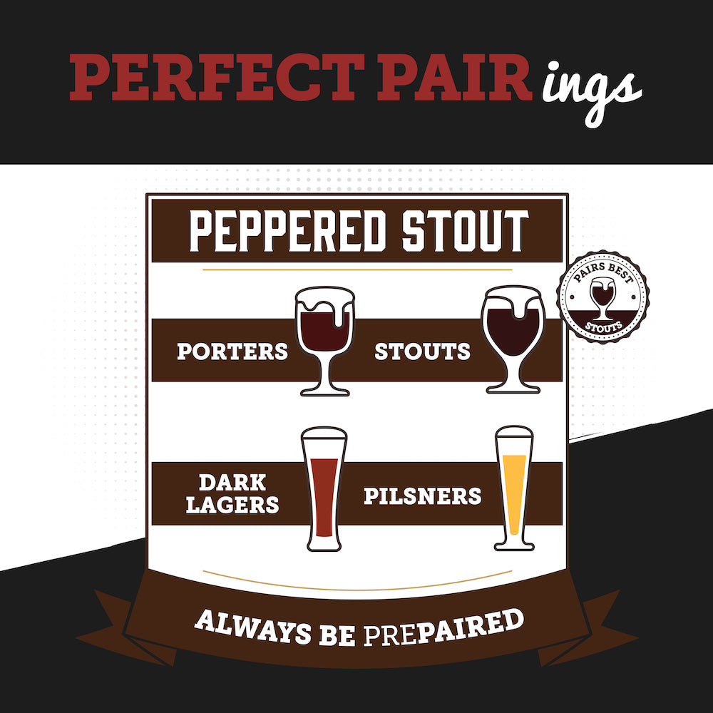 "Peppered Stout Brisket Jerky – Rich, tender brisket jerky infused with bold stout beer and cracked black pepper. A hearty, high-protein snack that pairs perfectly with Stouts, Porters, and Red Ales."