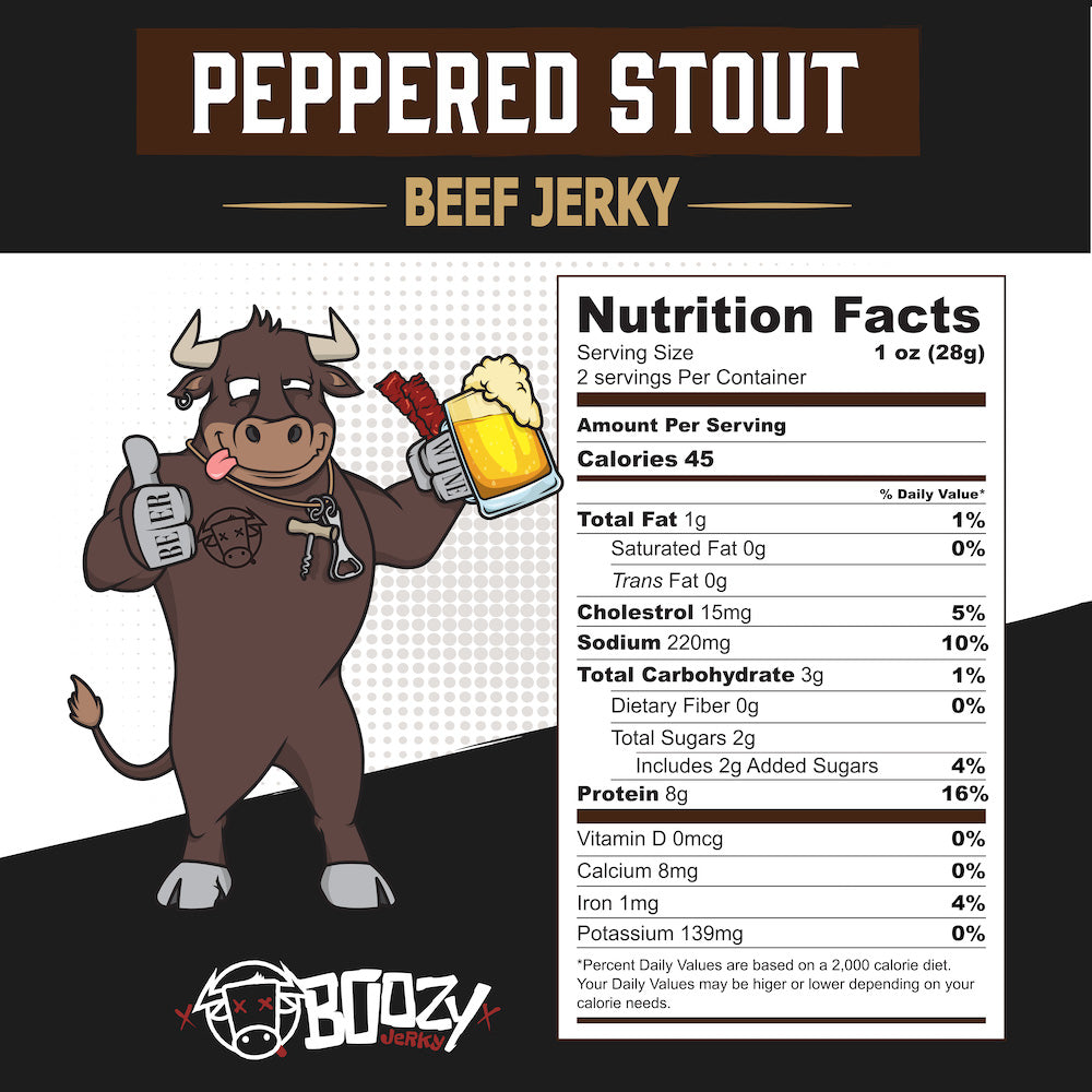 "Peppered Stout Brisket Jerky – Rich, tender brisket jerky infused with bold stout beer and cracked black pepper. A hearty, high-protein snack that pairs perfectly with Stouts, Porters, and Red Ales."