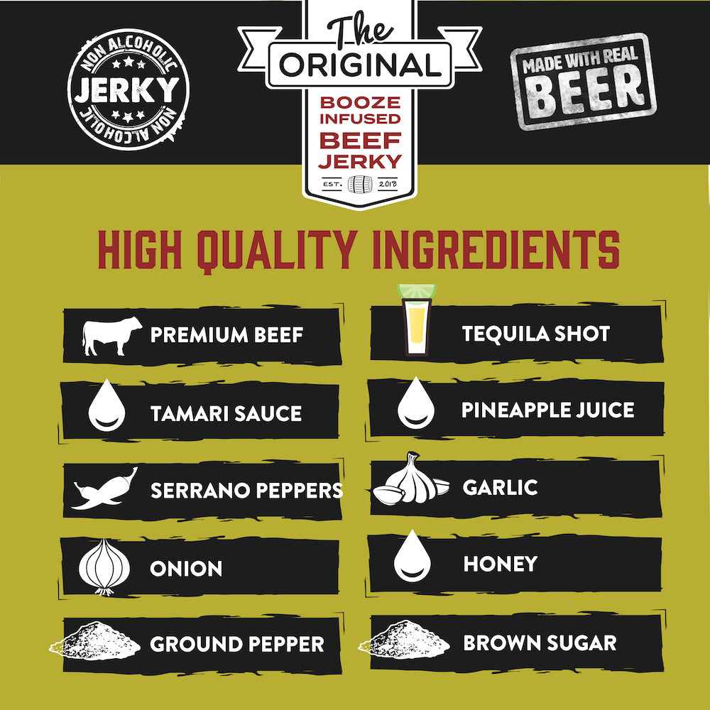 Tender brisket jerky infused with tequila, marinated in sweet pineapple and spicy serrano peppers, delivering the perfect balance of heat and tropical sweetness—a must-have snack for tequila lovers!