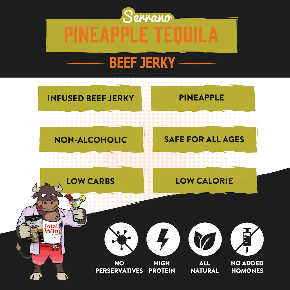 Tender brisket jerky infused with tequila, marinated in sweet pineapple and spicy serrano peppers, delivering the perfect balance of heat and tropical sweetness—a must-have snack for tequila lovers!