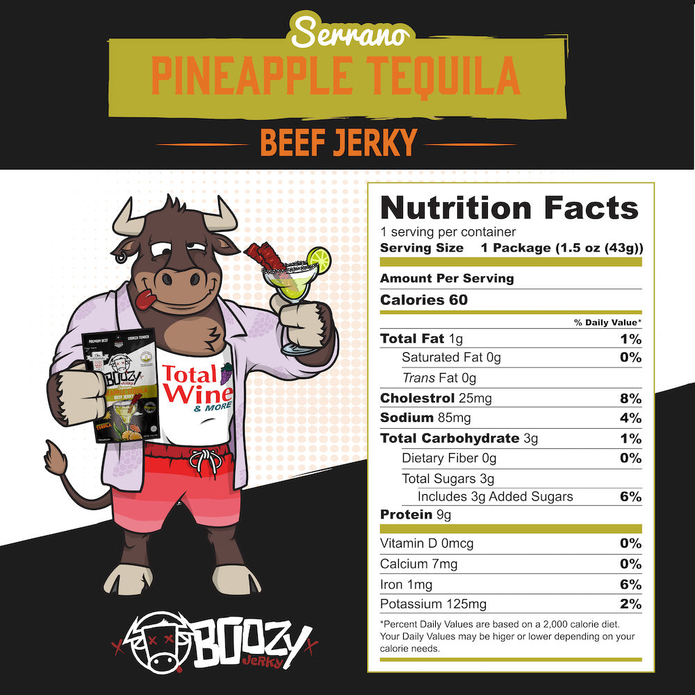 Tender brisket jerky infused with tequila, marinated in sweet pineapple and spicy serrano peppers, delivering the perfect balance of heat and tropical sweetness—a must-have snack for tequila lovers!