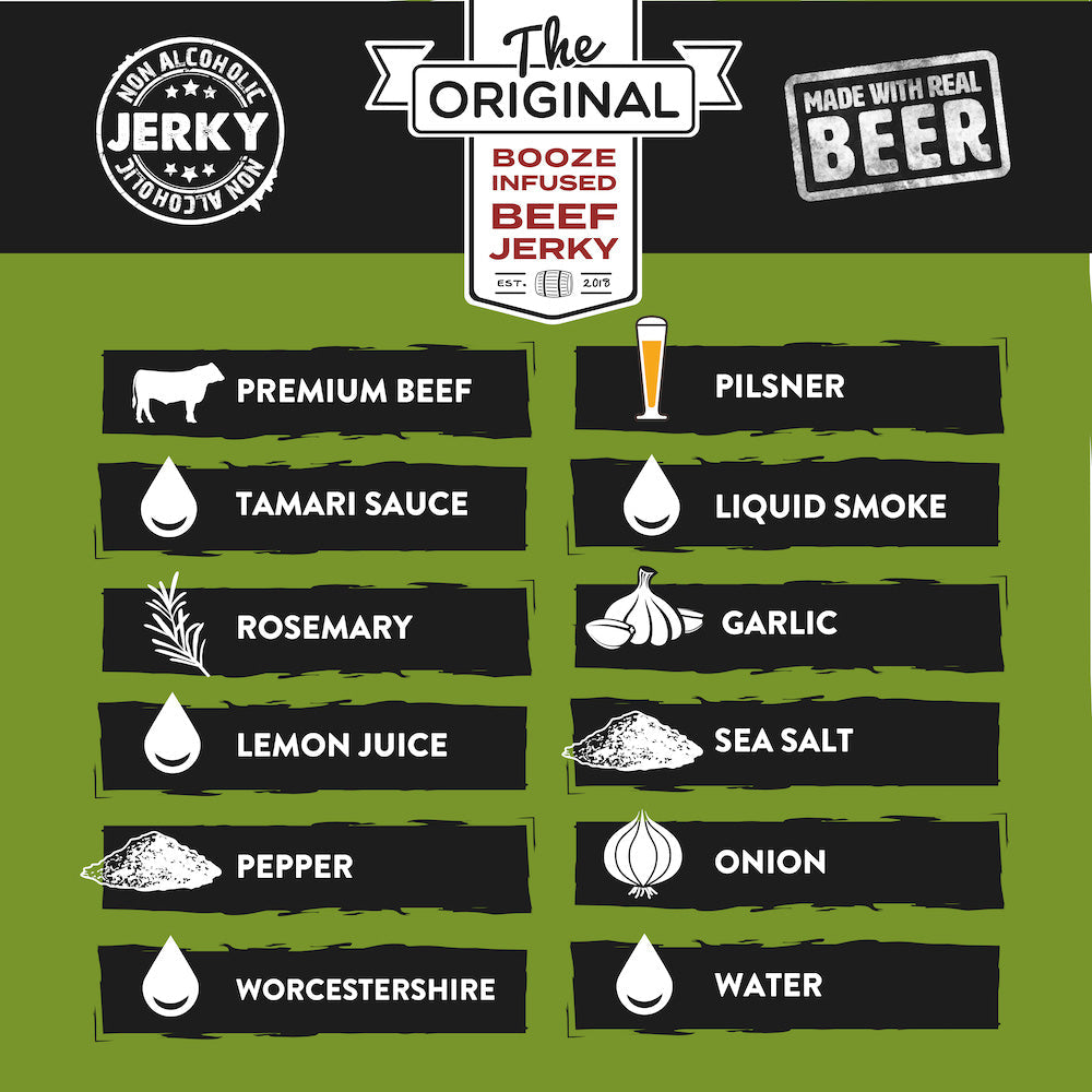 Tender brisket jerky infused with pilsner beer, seasoned with rosemary and garlic, and finished with a rich, buttery texture—perfectly packed in an 8oz Growler Bag for the ultimate snacking experience.