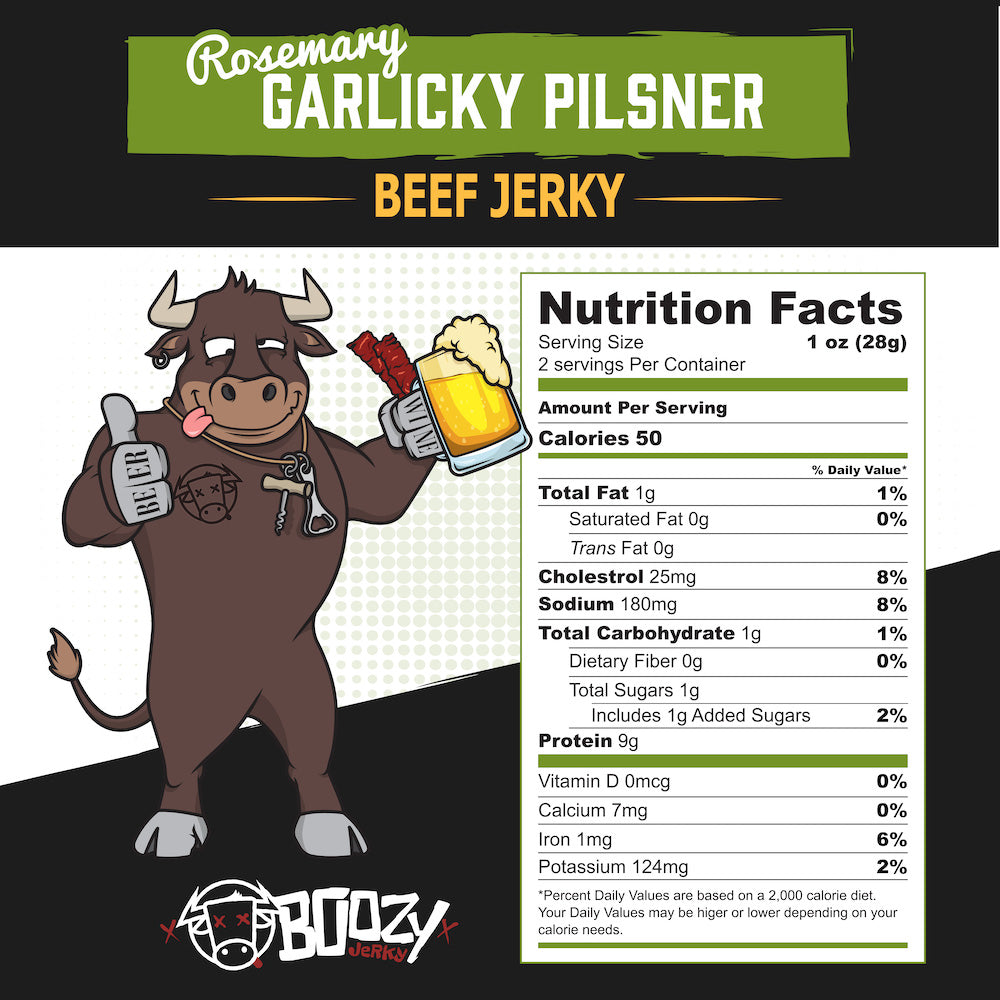 Tender brisket jerky infused with pilsner beer, seasoned with rosemary and garlic, and finished with a rich, buttery texture—perfectly packed in an 8oz Growler Bag for the ultimate snacking experience.