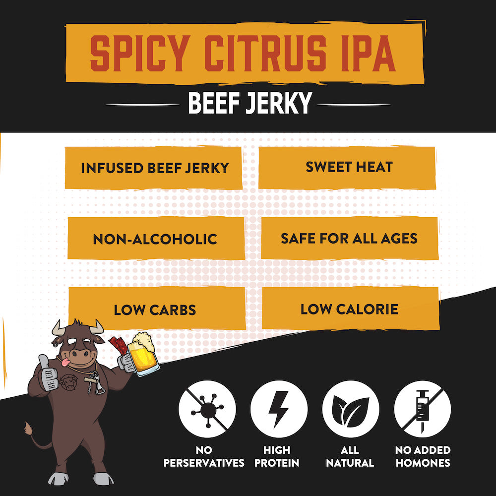 "Spicy Citrus IPA Brisket Jerky – Tender beef jerky infused with bold IPA flavors, zesty citrus, and a spicy kick. Perfectly crafted for beer lovers, this high-protein, low-carb snack pairs with IPAs, Wheat Beers, and Belgian Ales."