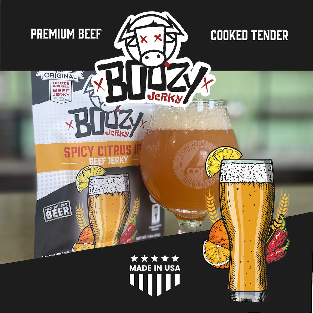 "Spicy Citrus IPA Brisket Jerky – Tender beef jerky infused with bold IPA flavors, zesty citrus, and a spicy kick. Perfectly crafted for beer lovers, this high-protein, low-carb snack pairs with IPAs, Wheat Beers, and Belgian Ales."