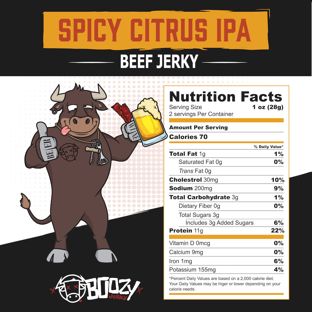 "Spicy Citrus IPA Brisket Jerky – Tender beef jerky infused with bold IPA flavors, zesty citrus, and a spicy kick. Perfectly crafted for beer lovers, this high-protein, low-carb snack pairs with IPAs, Wheat Beers, and Belgian Ales."