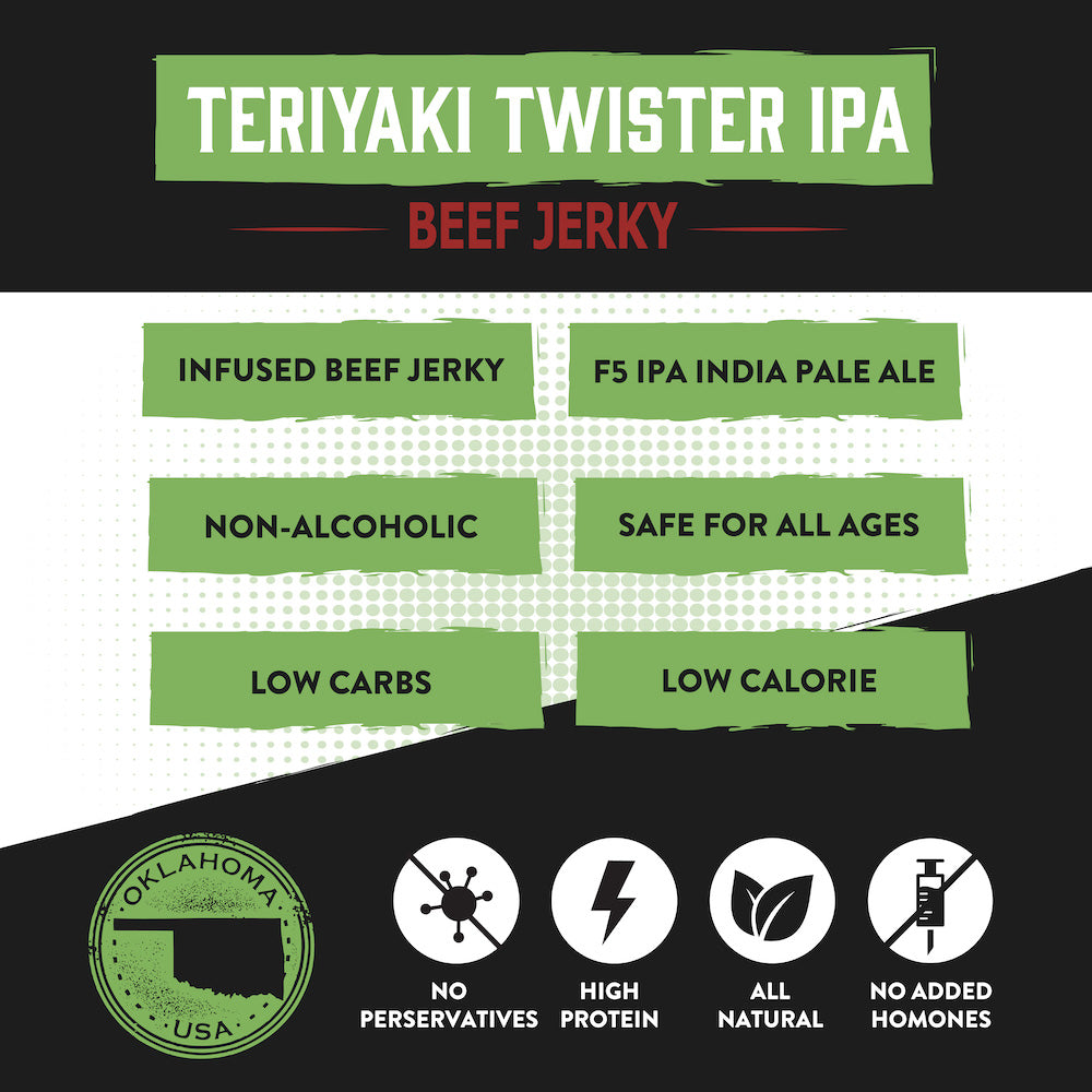 Teriyaki Twister IPA Brisket Jerky – Sweet and savory teriyaki-infused brisket jerky with a bold IPA twist. A tender, high-protein snack perfect for pairing with your favorite craft IPA or pale ale."