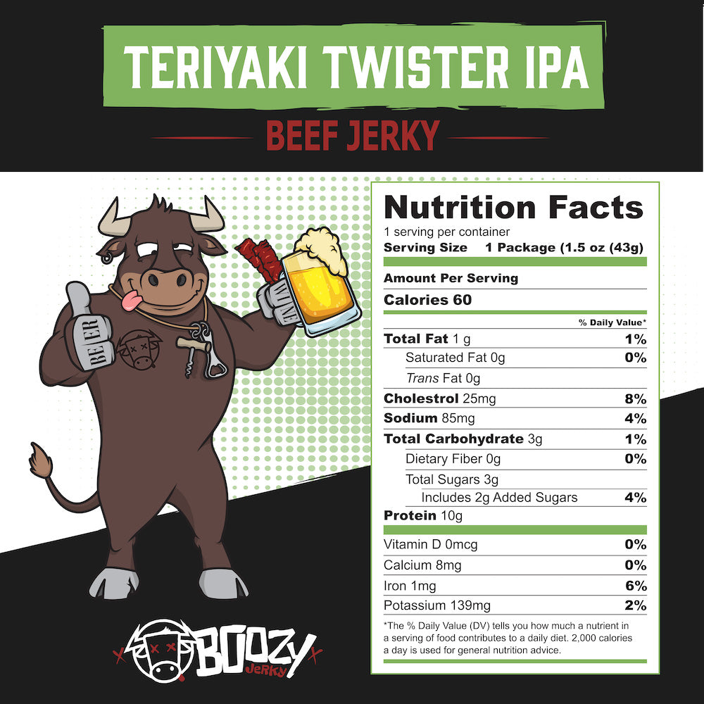 Teriyaki Twister IPA Brisket Jerky – Sweet and savory teriyaki-infused brisket jerky with a bold IPA twist. A tender, high-protein snack perfect for pairing with your favorite craft IPA or pale ale."