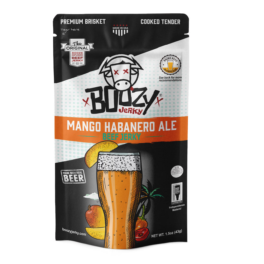 "Mango Habanero Ale Brisket Jerky – Tender, beer-infused jerky with sweet mango, fiery habanero, and a light-bodied ale. A bold, high-protein snack perfect for pairing with Blonde Ales, Brown Ales, and Shandies."