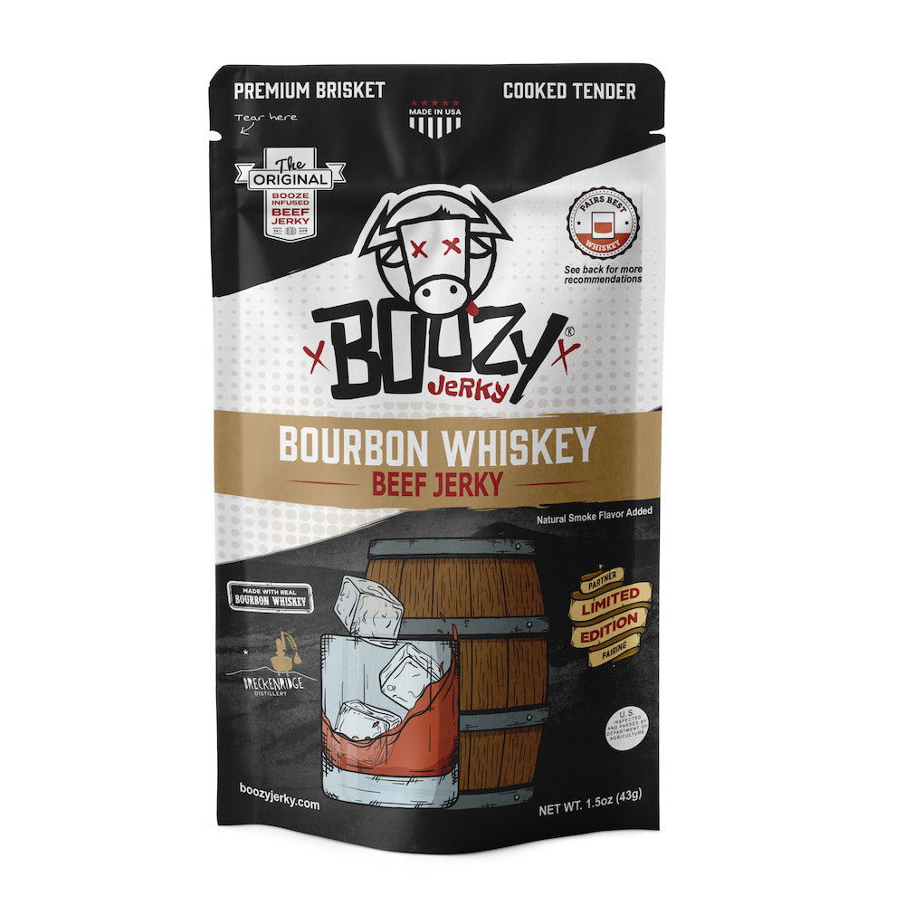 Breckenridge Bourbon Brisket Jerky – Tender, slow-cooked brisket jerky infused with award-winning Colorado Bourbon from Breckenridge Distillery. A bold, flavorful, high-protein snack perfect for whiskey lovers."