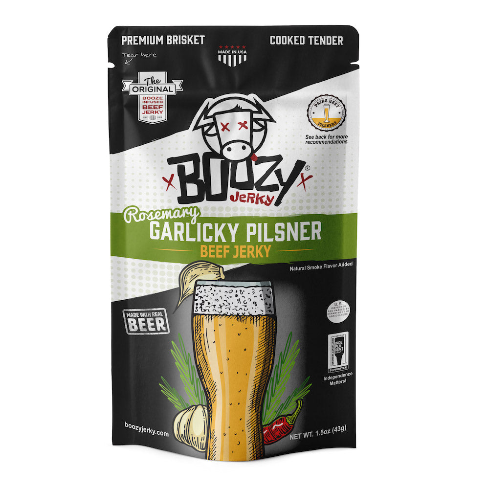 "Rosemary Garlic Pilsner Brisket Jerky – Tender beef jerky infused with pilsner beer, fresh rosemary, and garlic, finished in a buttery steakhouse style. A gluten-free snack perfect for pairing with pilsners, pale ales, or your favorite wine."