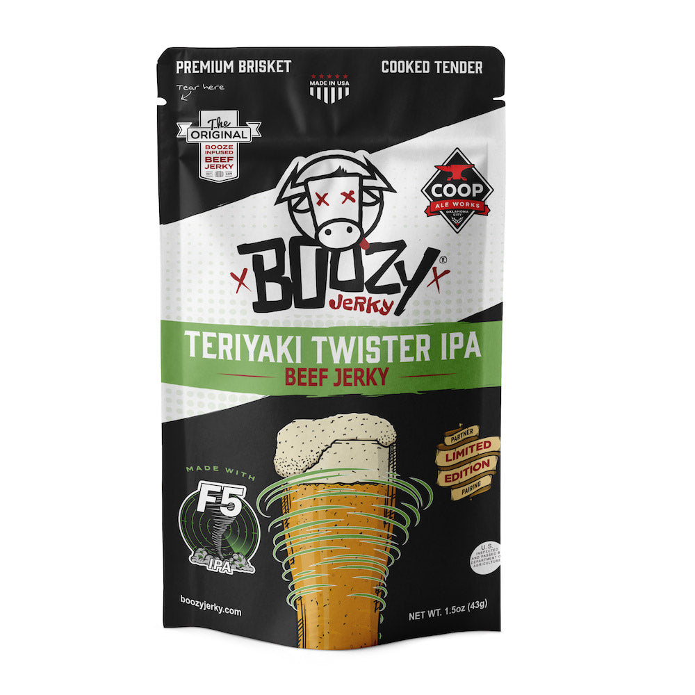 Teriyaki Twister IPA Brisket Jerky – Sweet and savory teriyaki-infused brisket jerky with a bold IPA twist. A tender, high-protein snack perfect for pairing with your favorite craft IPA or pale ale."