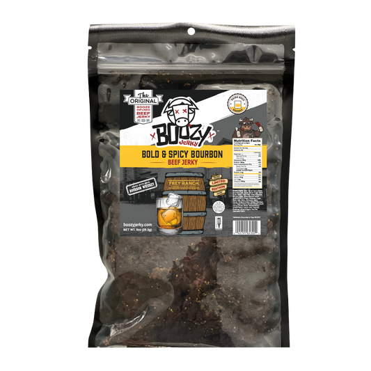Tender 8oz Bold & Spicy Bourbon Boozy Jerky, slow-cooked brisket infused with Frey Ranch Bourbon, featuring a rich, smoky glaze and bold, spicy finish. The ultimate whiskey lover’s snack.
