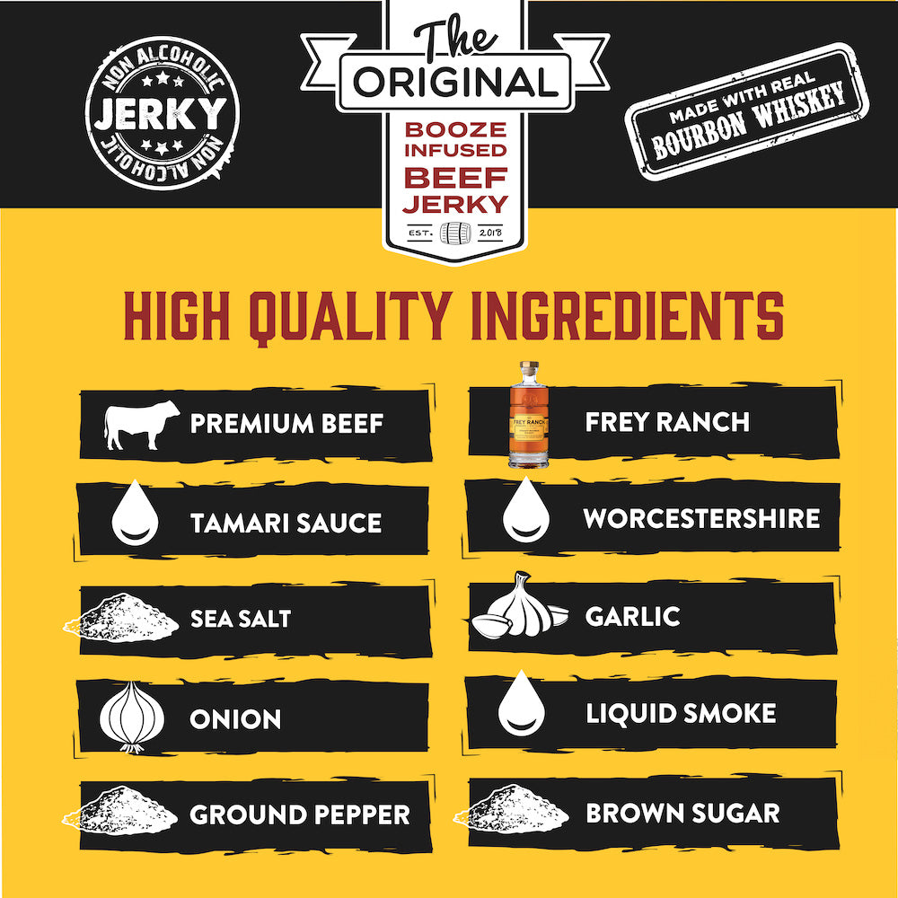 Bold and Spicy Bourbon Brisket Jerky – Tender brisket jerky infused with Frey Ranch Bourbon, offering a perfect blend of bold bourbon flavor and spicy heat. A high-protein snack ideal for pairing with your favorite whiskey."