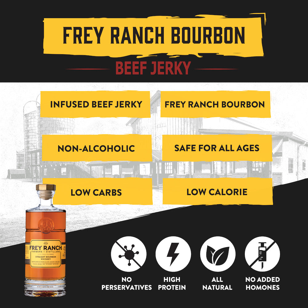 Bold and Spicy Bourbon Brisket Jerky – Tender brisket jerky infused with Frey Ranch Bourbon, offering a perfect blend of bold bourbon flavor and spicy heat. A high-protein snack ideal for pairing with your favorite whiskey."