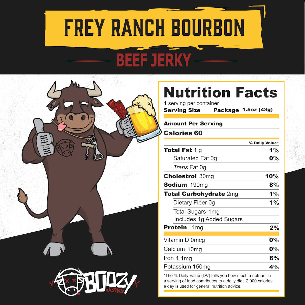 Bold and Spicy Bourbon Brisket Jerky – Tender brisket jerky infused with Frey Ranch Bourbon, offering a perfect blend of bold bourbon flavor and spicy heat. A high-protein snack ideal for pairing with your favorite whiskey."