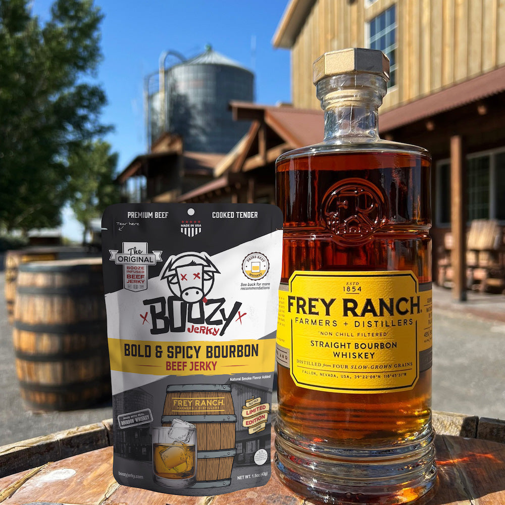Bold and Spicy Bourbon Brisket Jerky – Tender brisket jerky infused with Frey Ranch Bourbon, offering a perfect blend of bold bourbon flavor and spicy heat. A high-protein snack ideal for pairing with your favorite whiskey."