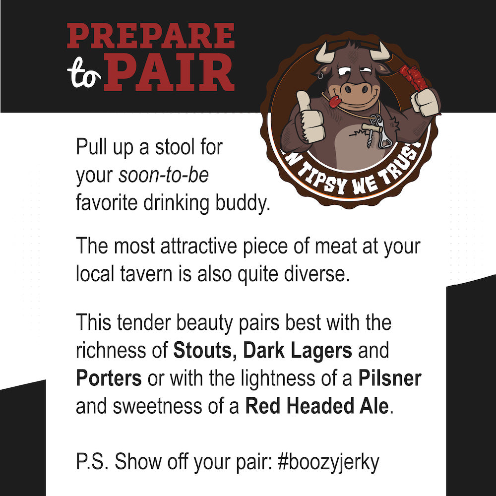 "Peppered Stout Brisket Jerky – Rich, tender brisket jerky infused with bold stout beer and cracked black pepper. A hearty, high-protein snack that pairs perfectly with Stouts, Porters, and Red Ales."