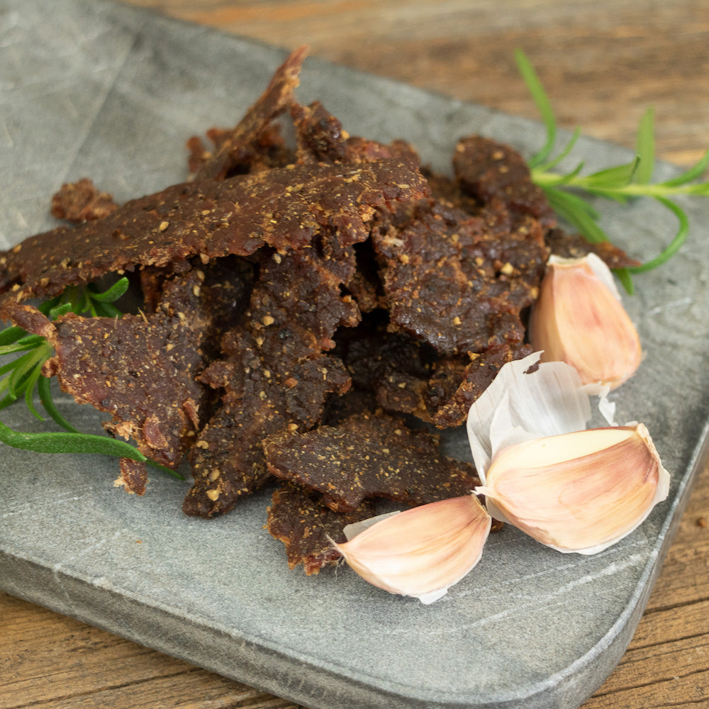 Rosemary Garlicky Pilsner Beef Jerky