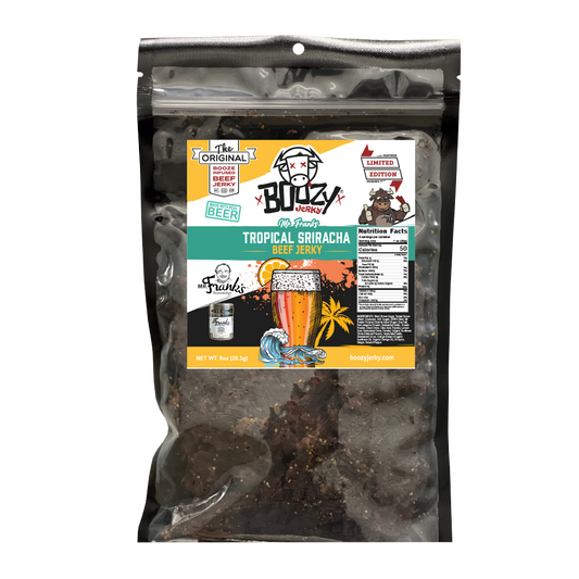 Tender brisket jerky infused with Island Hazy IPA, featuring a tropical blend of mango, coconut, and fiery Sriracha seasoning for the perfect balance of sweet and spicy flavors. A must-try limited edition jerky experience!