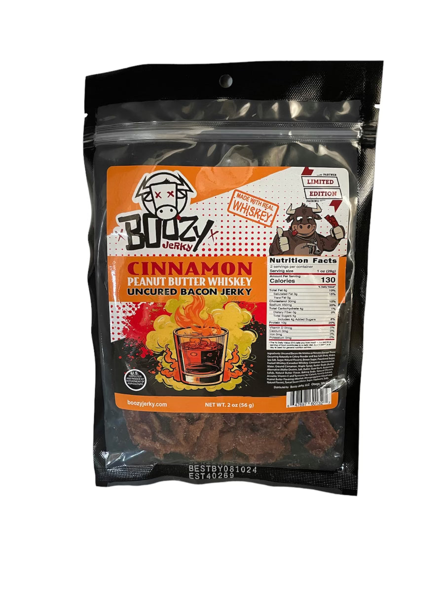 "Cinnamon Peanut Butter Whiskey Bacon Jerky – A unique and indulgent jerky infused with peanut butter extract, cinnamon, and whiskey flavors, combining sweet, spicy, and savory in every tender bite. Perfect for bacon lovers and whiskey aficionados."