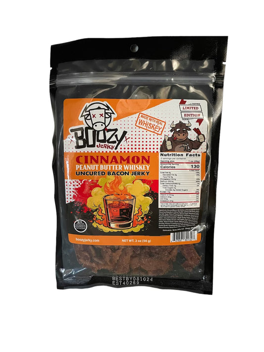 "Cinnamon Peanut Butter Whiskey Bacon Jerky – A unique and indulgent jerky infused with peanut butter extract, cinnamon, and whiskey flavors, combining sweet, spicy, and savory in every tender bite. Perfect for bacon lovers and whiskey aficionados."