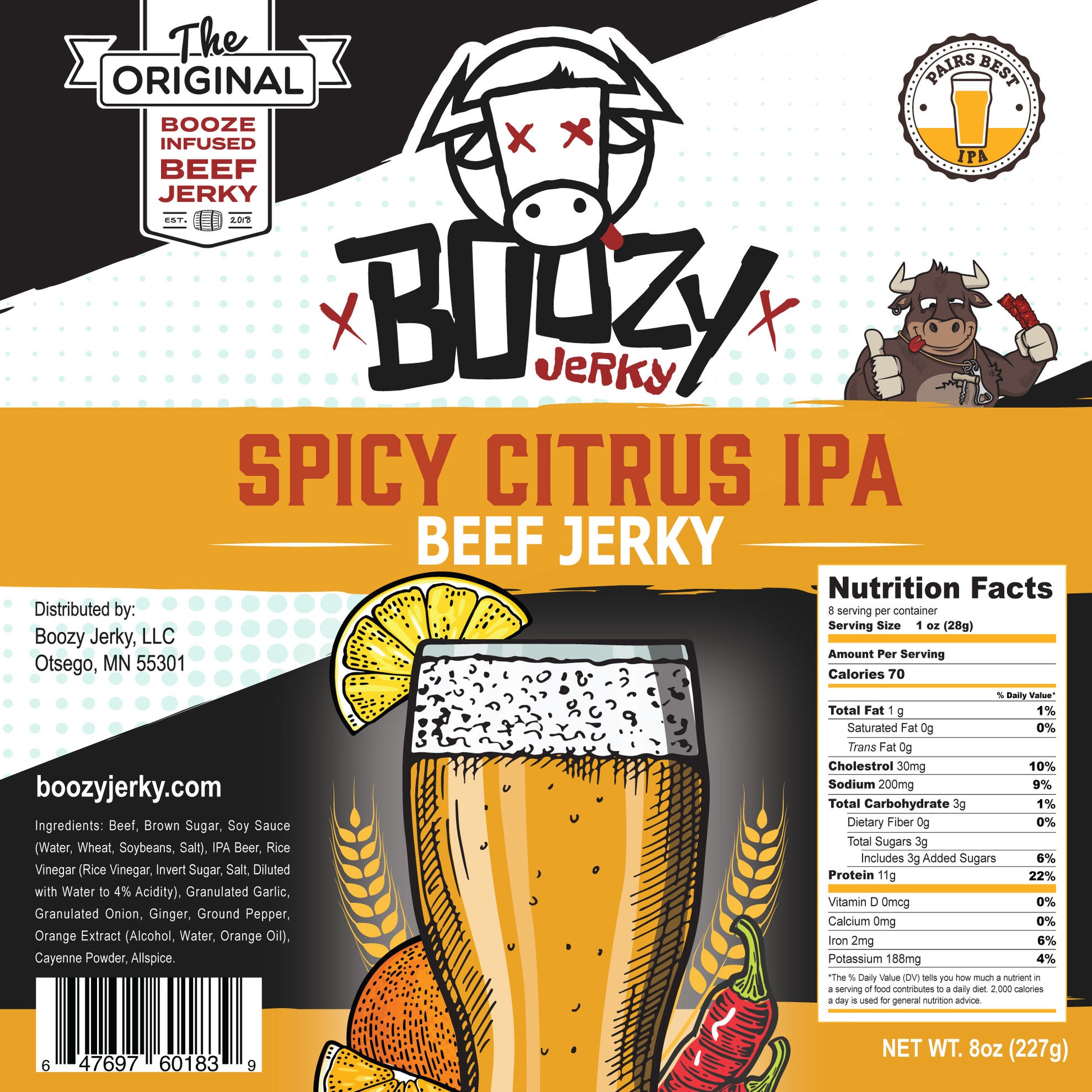 Boozy Jerky Spicy Citrus IPA Beef Jerky 8oz Growler Bag