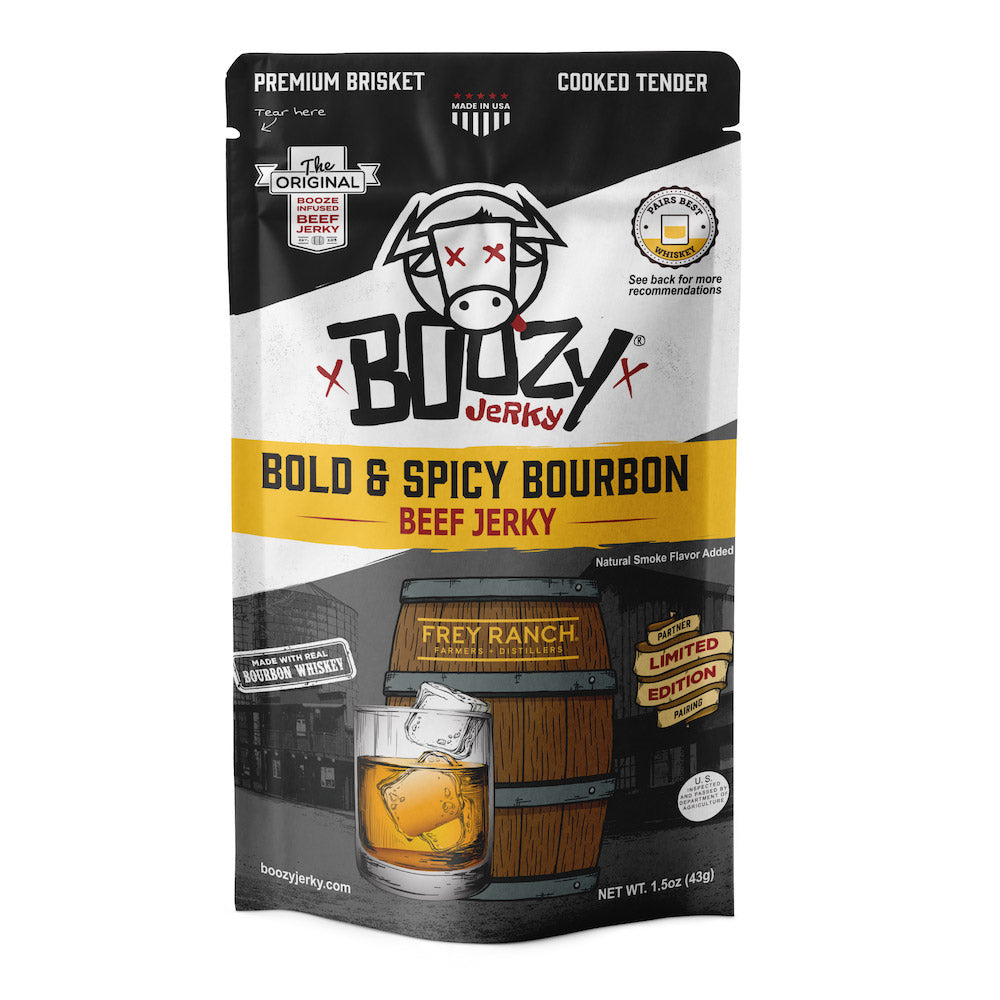 Bold and Spicy Bourbon Brisket Jerky – Tender brisket jerky infused with Frey Ranch Bourbon, offering a perfect blend of bold bourbon flavor and spicy heat. A high-protein snack ideal for pairing with your favorite whiskey."