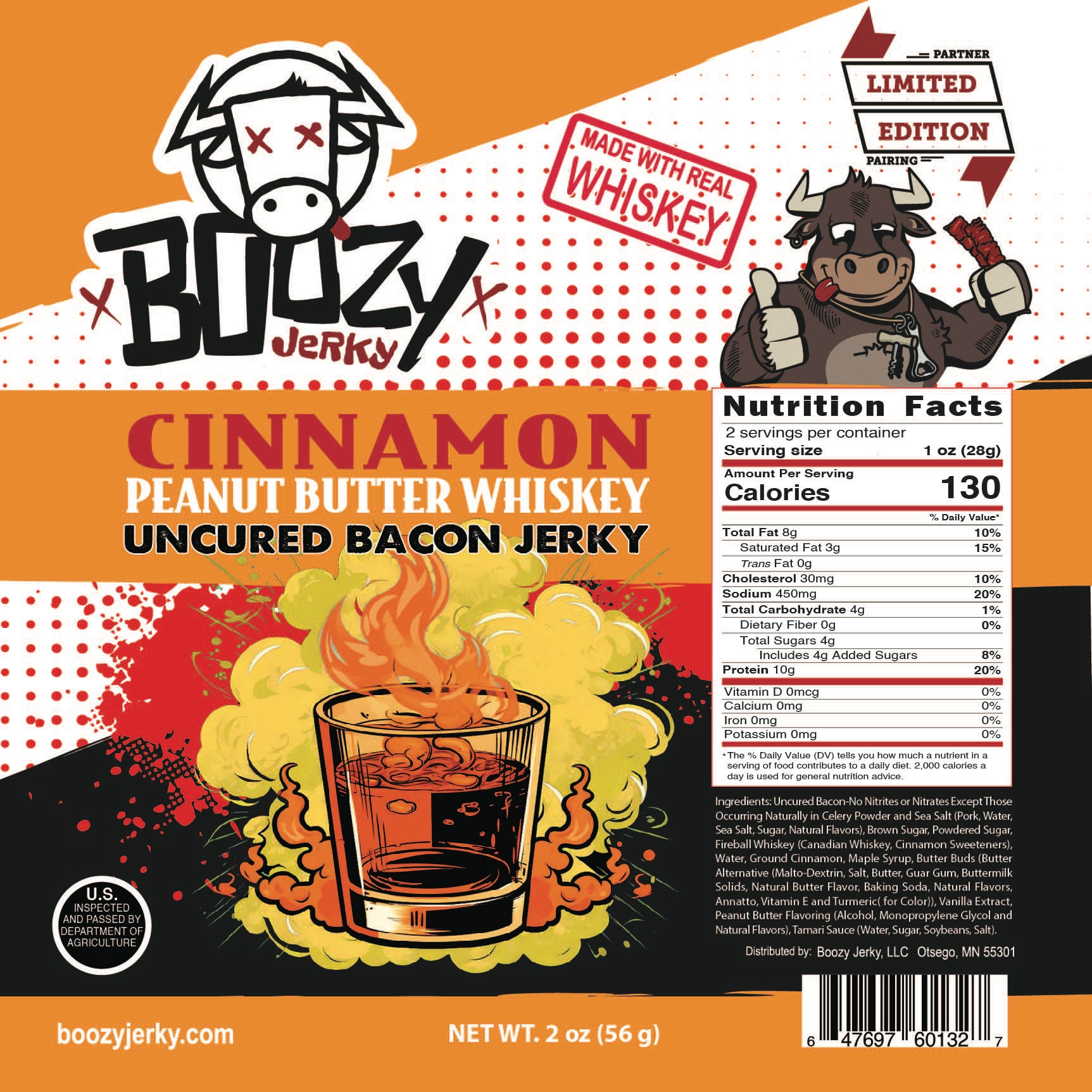 "Cinnamon Peanut Butter Whiskey Bacon Jerky – A unique and indulgent jerky infused with peanut butter extract, cinnamon, and whiskey flavors, combining sweet, spicy, and savory in every tender bite. Perfect for bacon lovers and whiskey aficionados."
